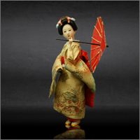 12 inch Vintage Japanese Miniature Oriental Geisha Doll : Red Kimono / Black Color Belt / Black & Gold Color Belt[T93D806]